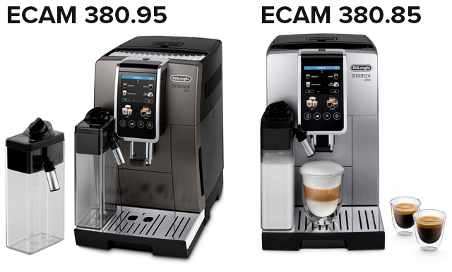 Отличия между кофемашинами Delonghi ECAM 380.85.SB и 380.95.TB - только в цвете передней панели и в количестве молочных кувшинов